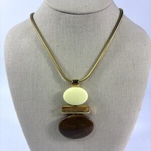 Vintage Avon 1980s Brown & Cream Stone Pendant Necklace 24"